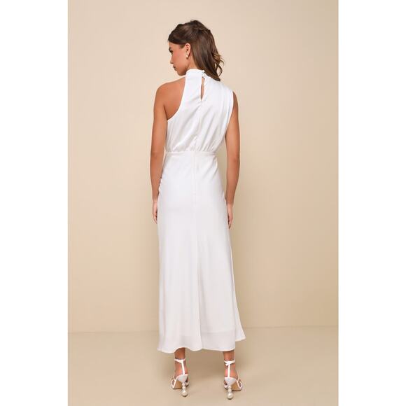 NWOT Lulus Distinctive Charm White Satin Asymmetrical Midi Dress Wedding Size S - Picture 2 of 9